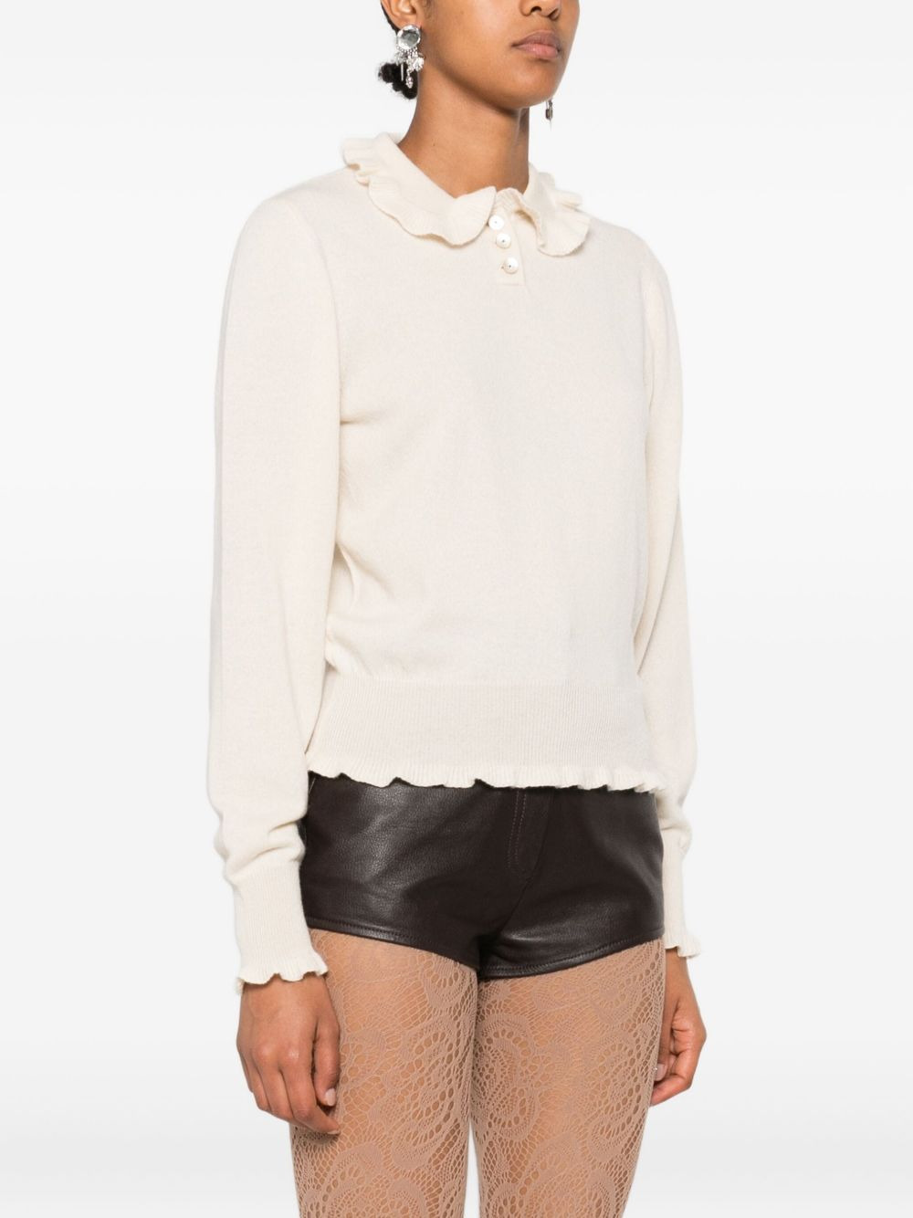 ruffled-collar cashmere polo top - 3