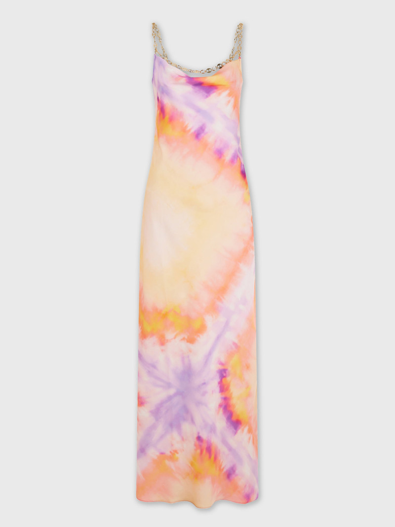 ORANGE TIE-DYE LONG DRESS IN PRINTED SATIN - 1