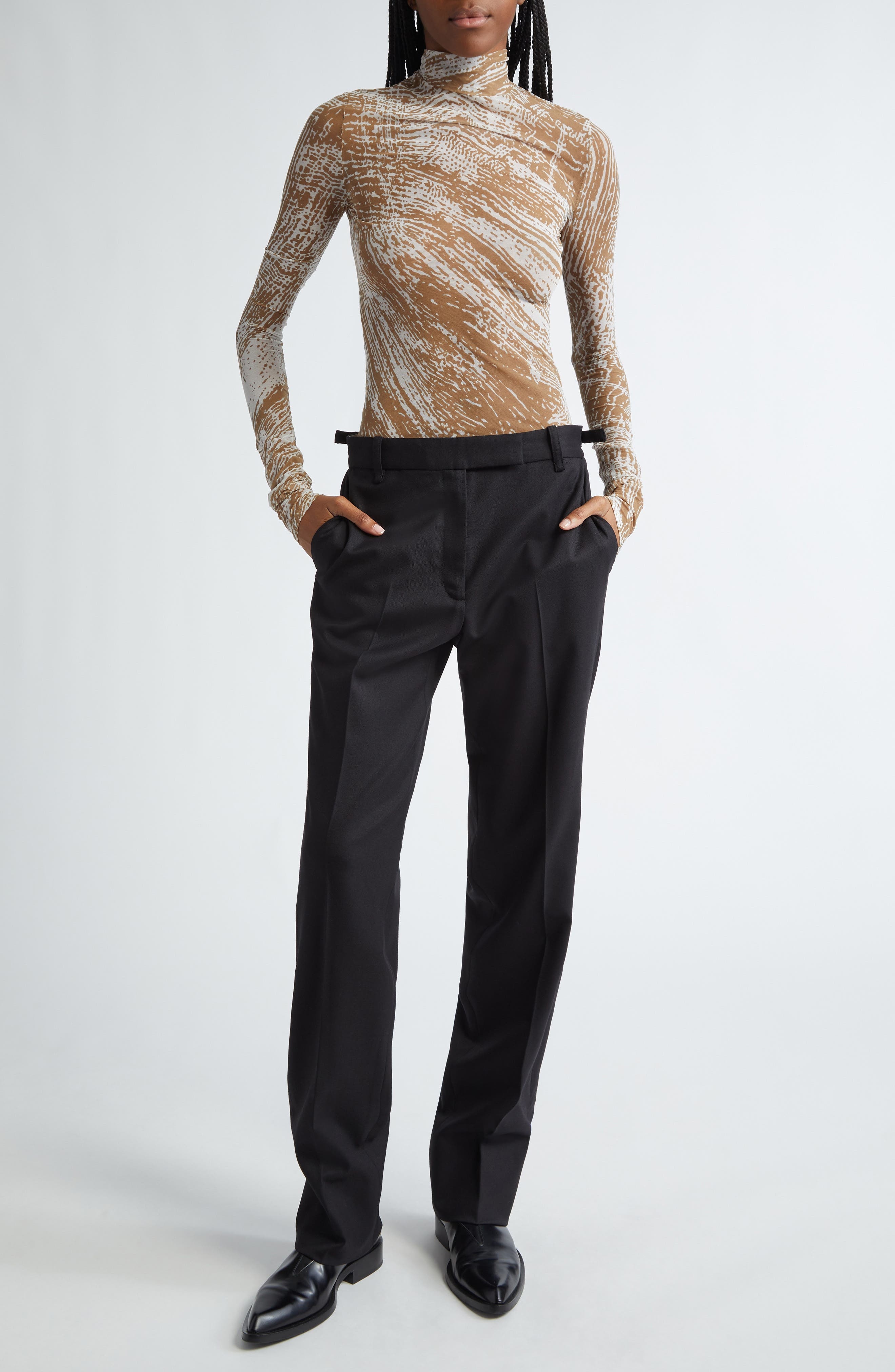 Proenza Schouler Rio Mock Neck Long Sleeve Tulle Top in Wood at Nordstrom - 2