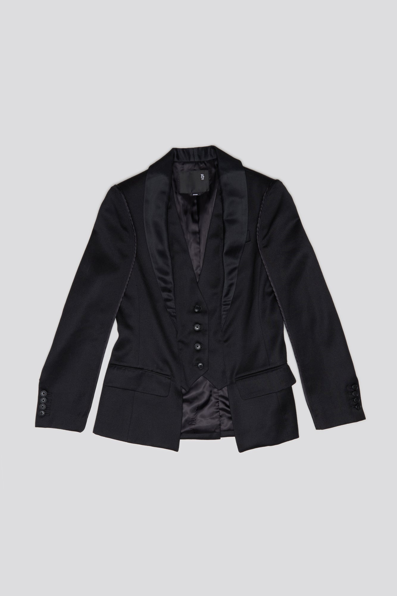 FLAT SLEEVE TUXEDO BLAZER - BLACK AND SATIN - 1