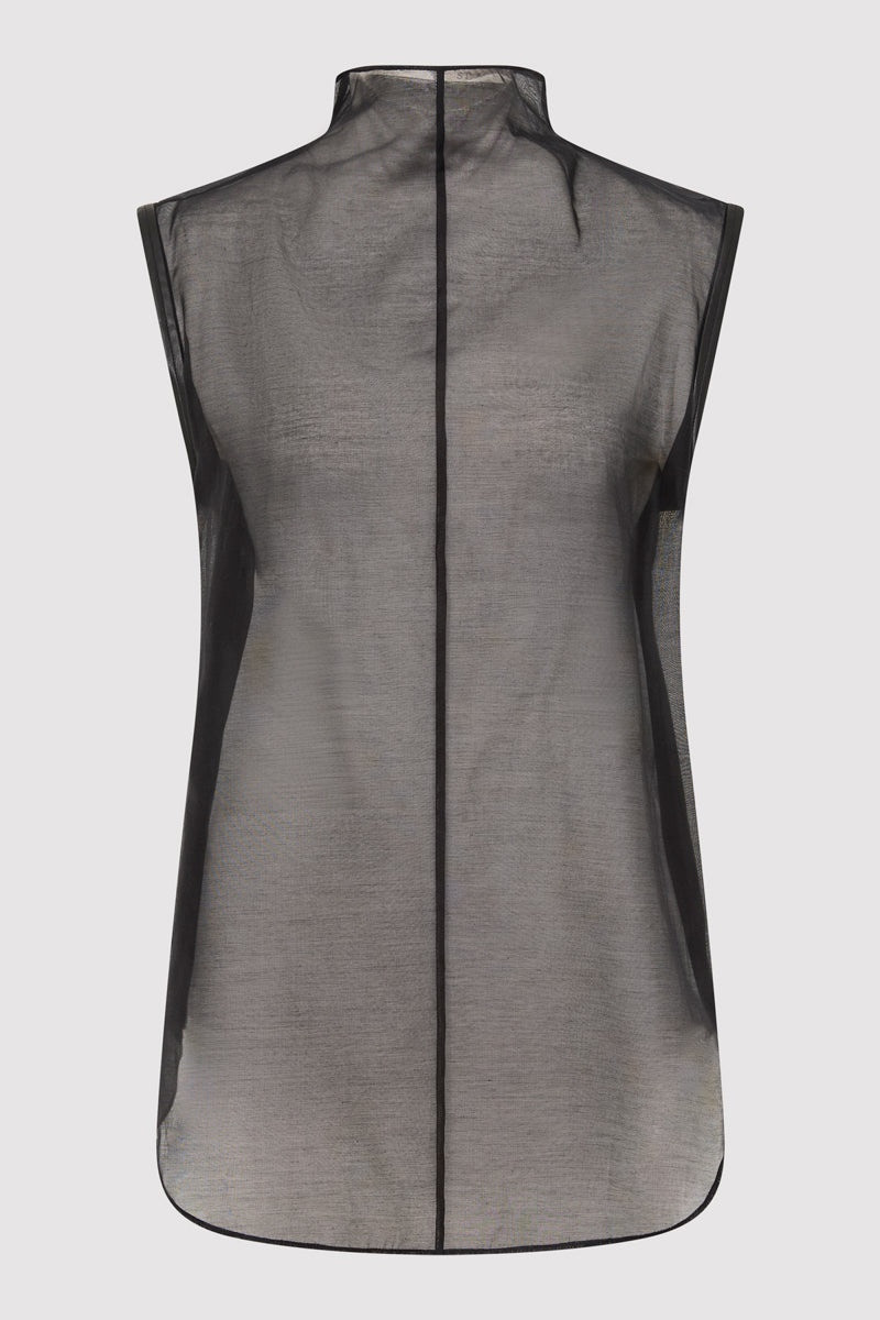 Sheer Silk Leather Trim Top - Black 1