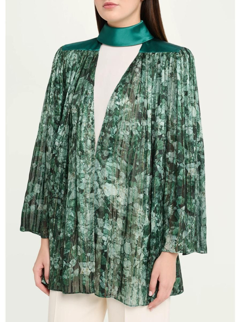 Metallic Silk Chiffon Plisse Long-Sleeve Blouse 4