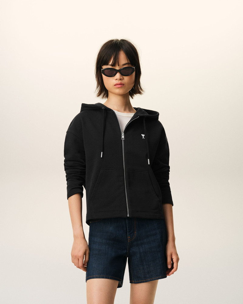 AMI Paris BLACK COTTON AMI DE COEUR ZIPPED HOODIE outlook