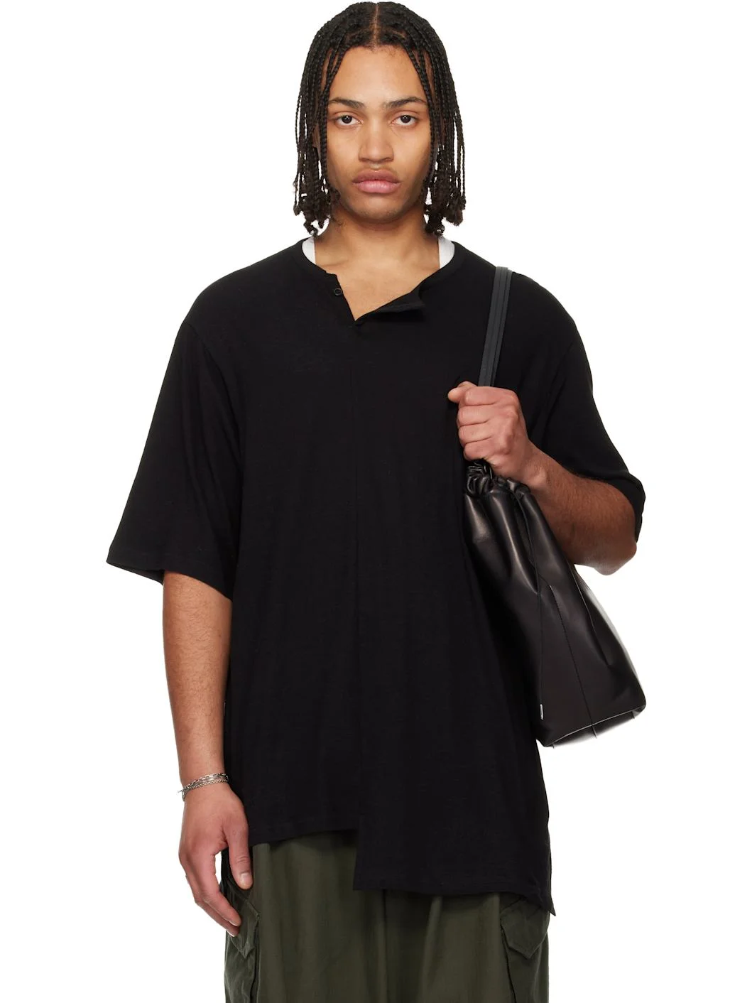 Black Paneled Short Sleeve Henley - 1
