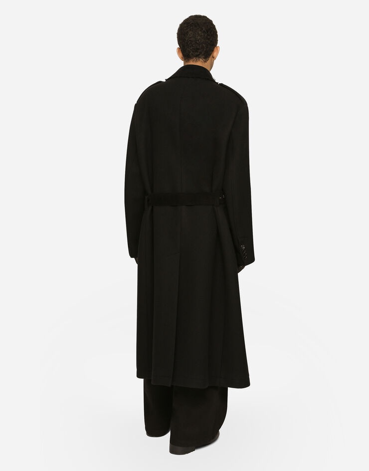 Double-breasted baize trench coat with logo label - 3