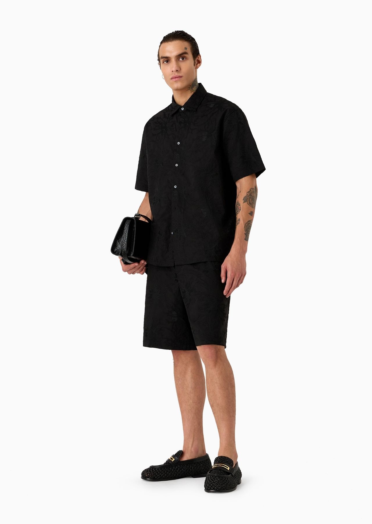 Oversized, short-sleeved poplin shirt with all-over ramage embroidery - 4