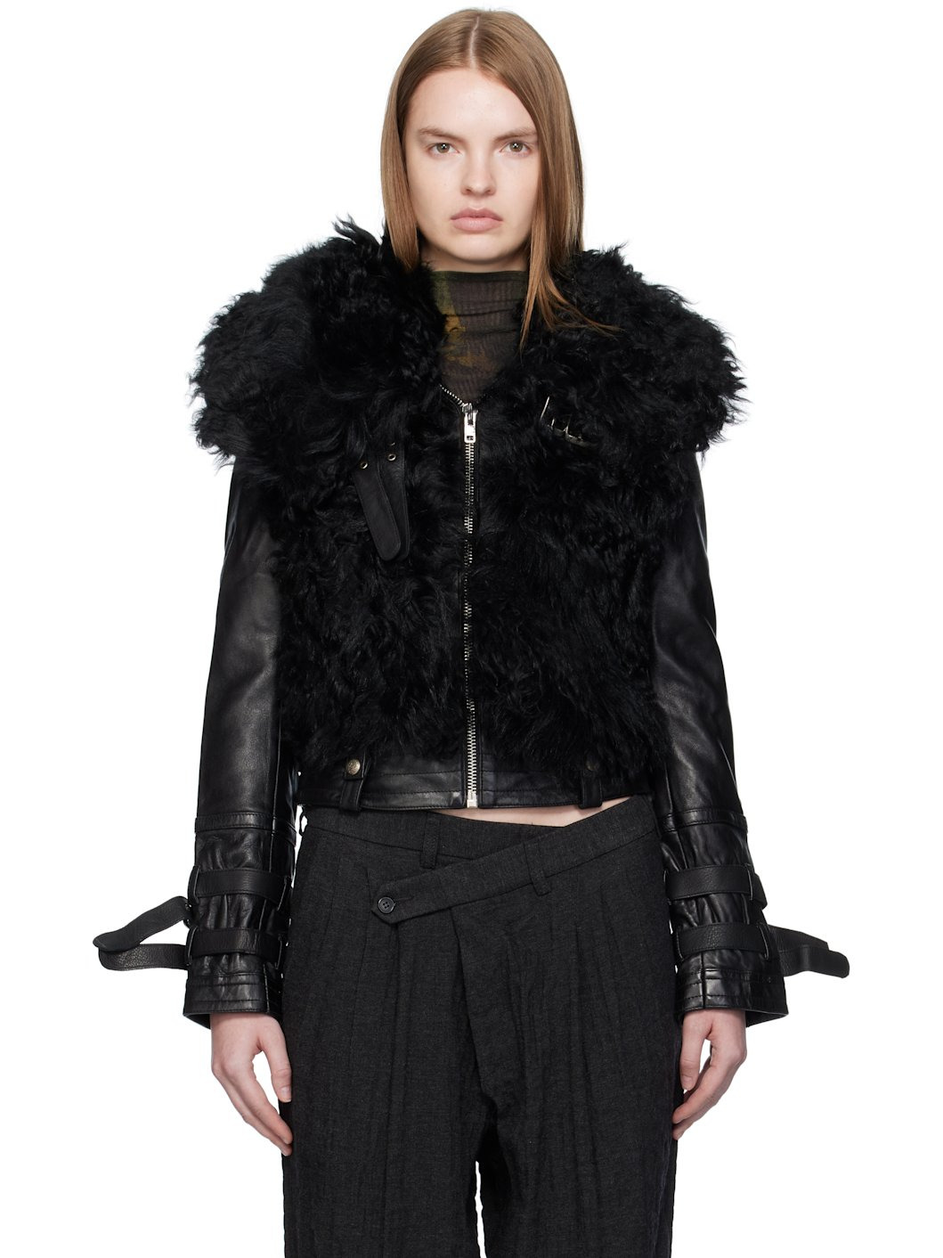 Black Furry Shrunken Shearling Jacket - 1