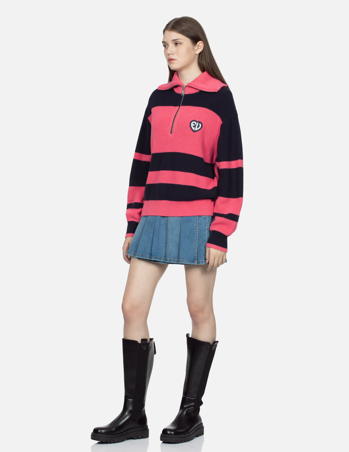 “EV” HEART BADGE STRIPED CROPPED HALF-ZIP SWEATER - 3
