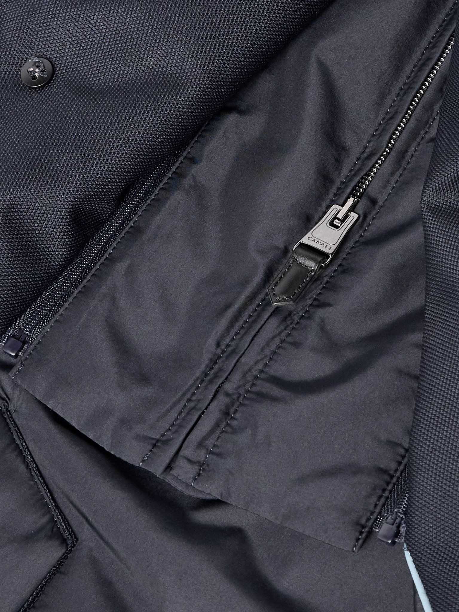 Leather-Trimmed Shell Overcoat Navy - 5