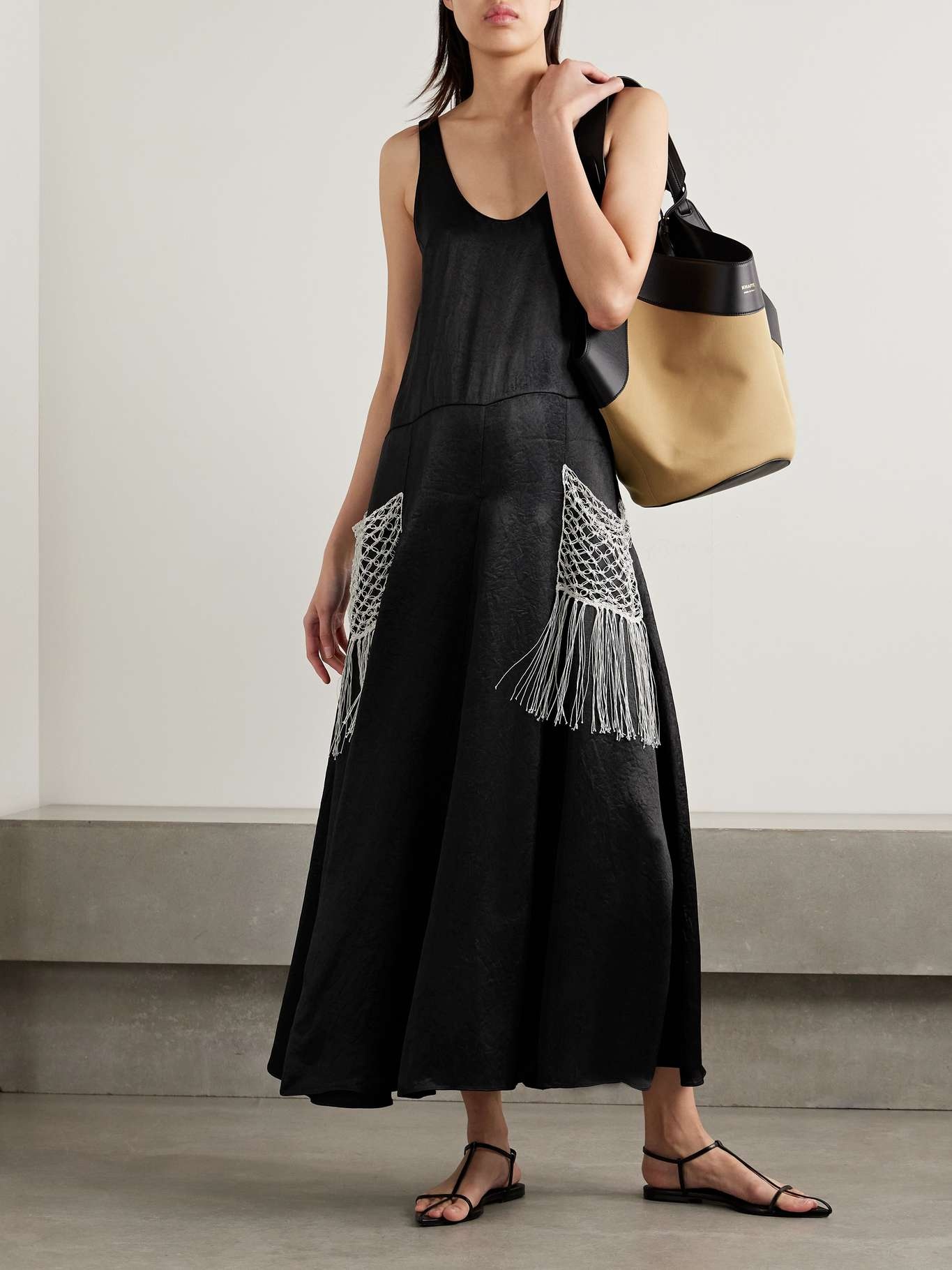 Macramé-trimmed satin-twill maxi dress Black - 2