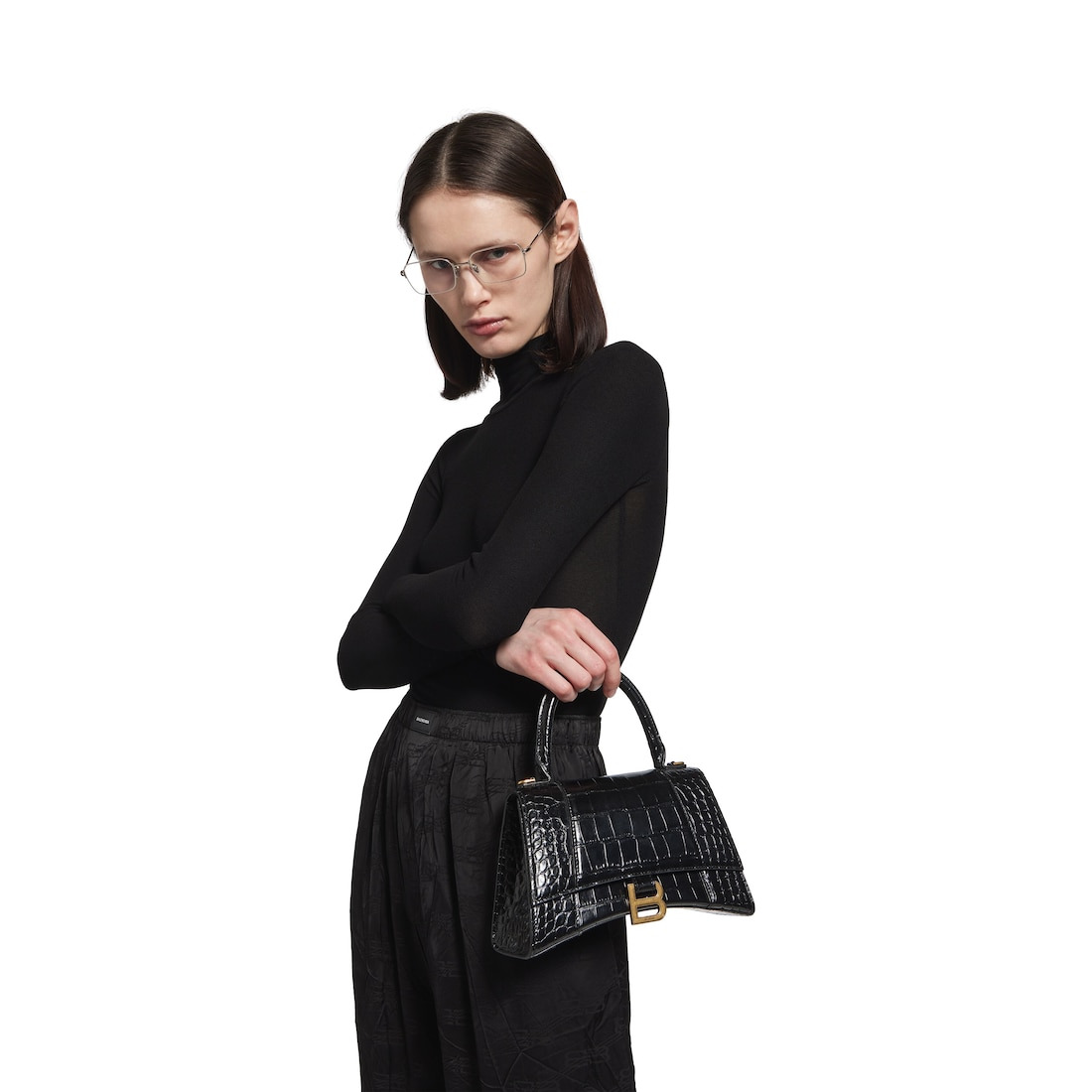 Women's Hourglass Small Handbag Crocodile Embossed in Black - 8