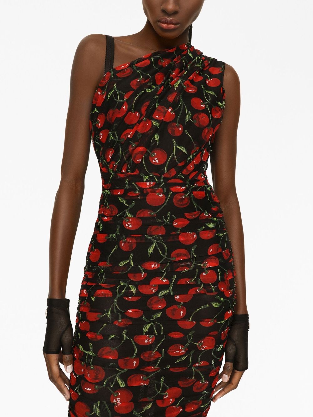 cherry-print ruched midi dress - 4