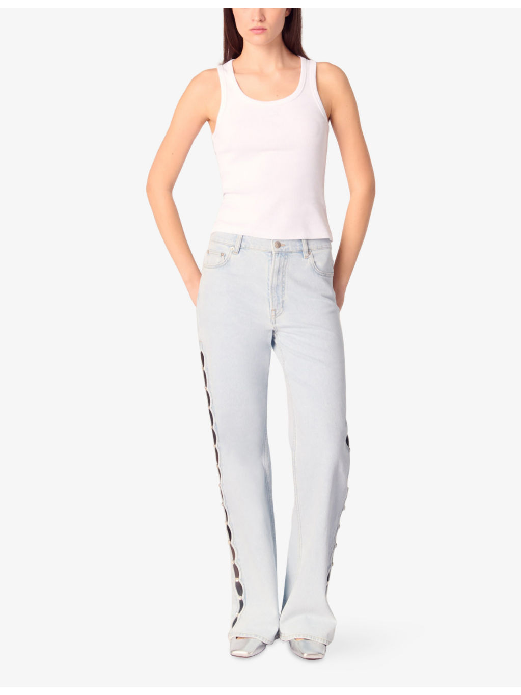 Crystal-Embellished Cut-Out Wide-Leg Mid-Rise Stretch-Denim Jeans - 2