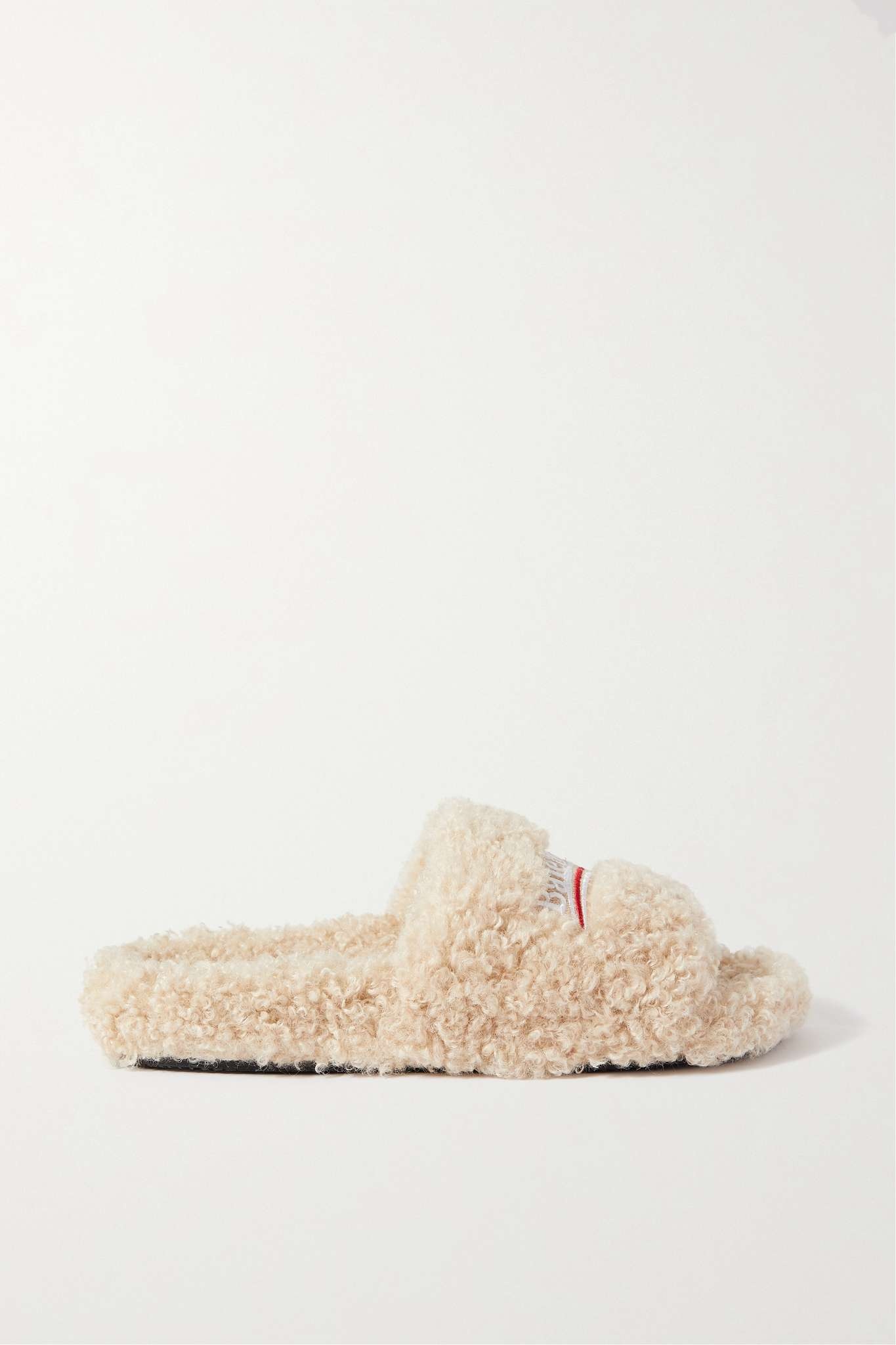 Furry logo-embroidered faux shearling slides - 1
