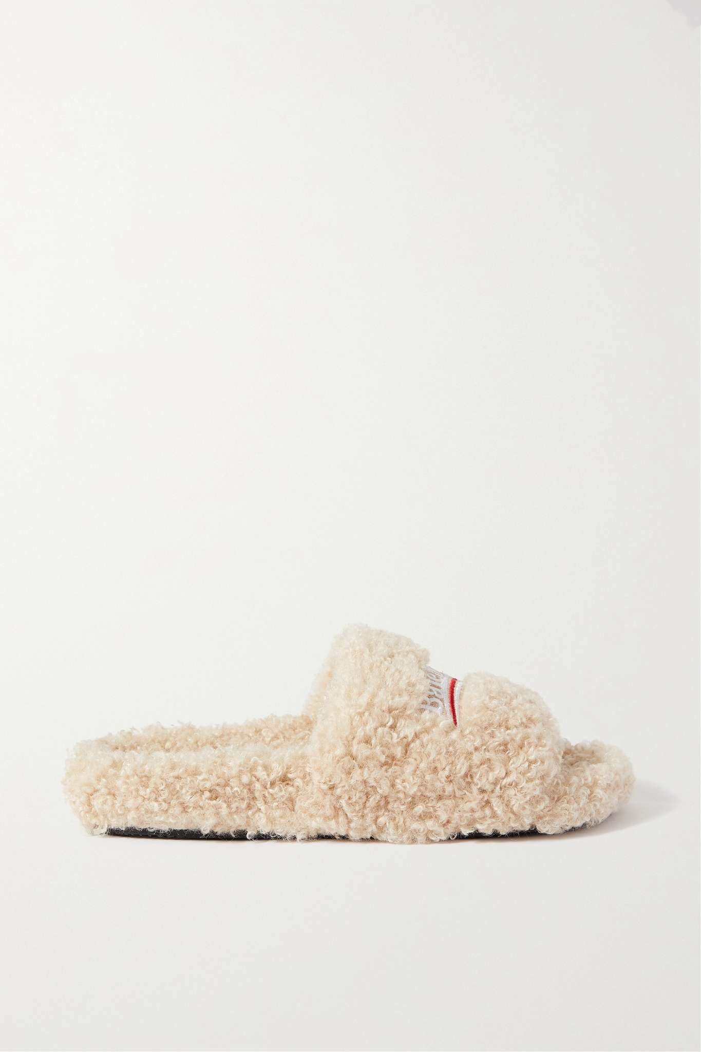 Furry logo-embroidered faux shearling slides - 5