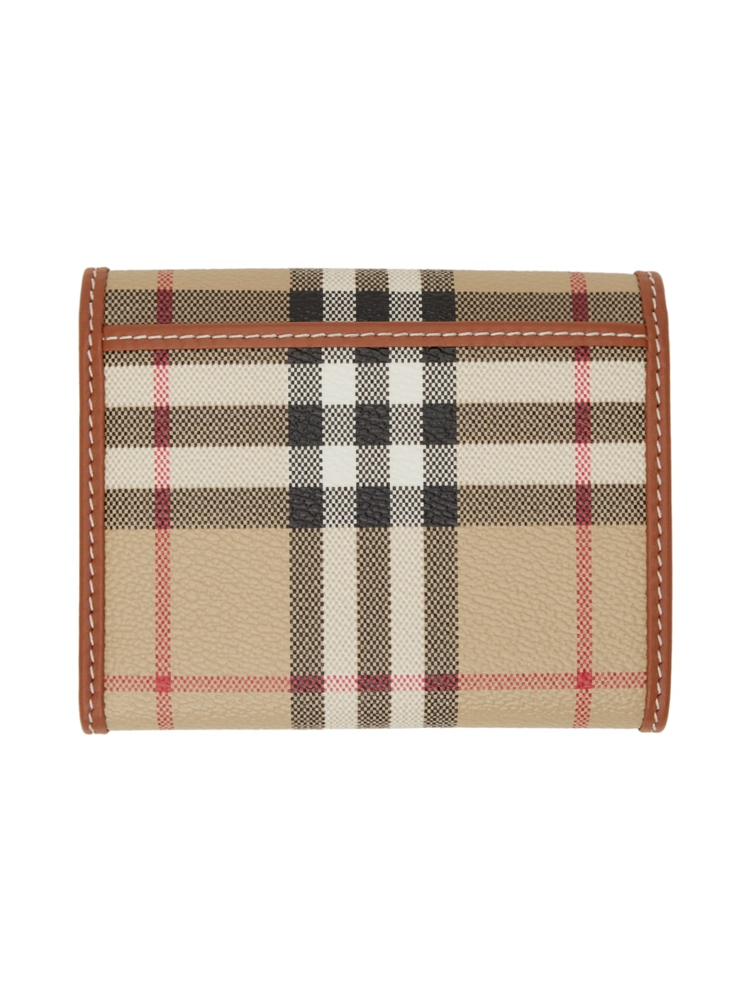 Beige Check & Leather Small Folding Wallet - 2