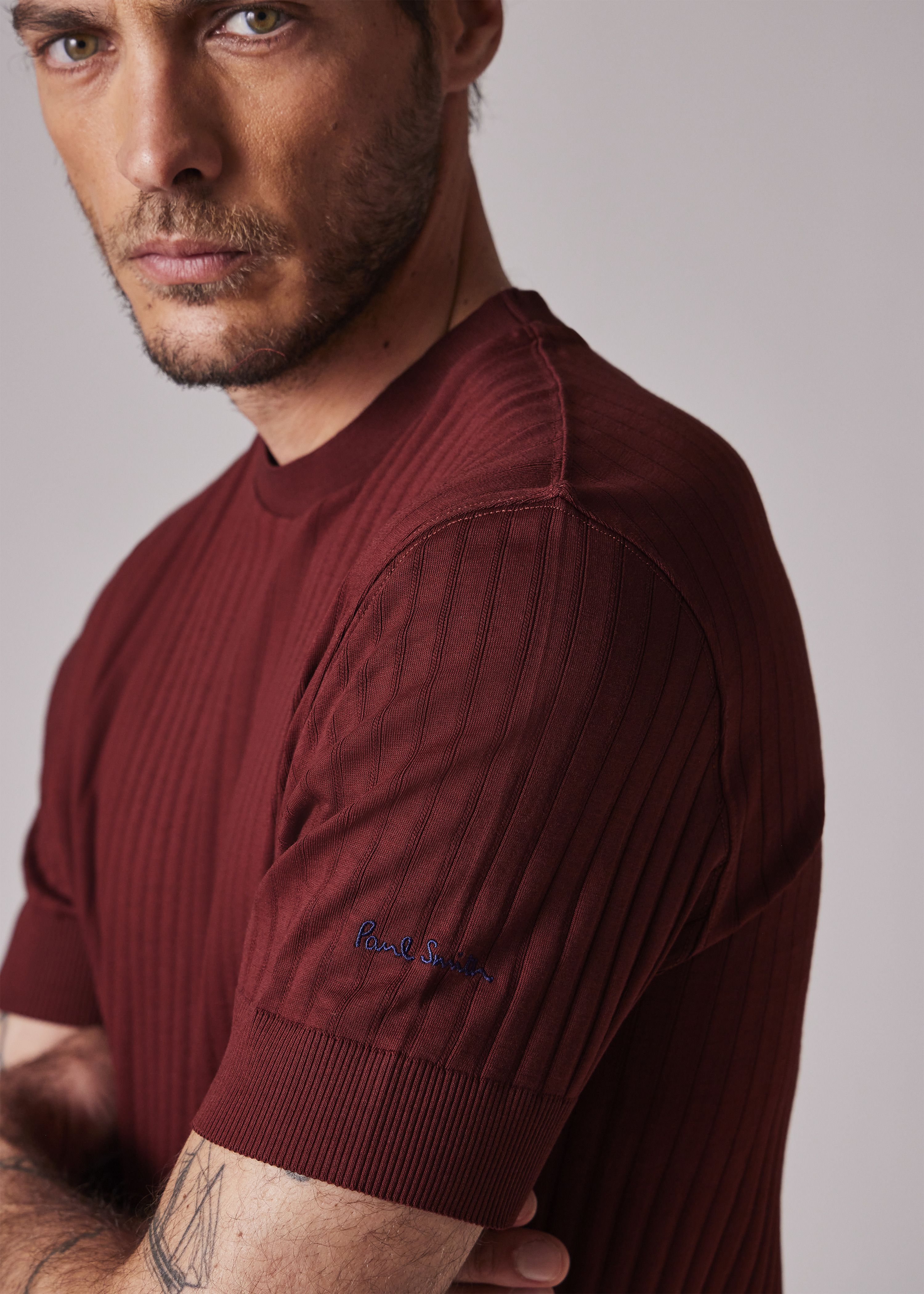 Burgundy Integrated Rib Cotton T-Shirt - 4