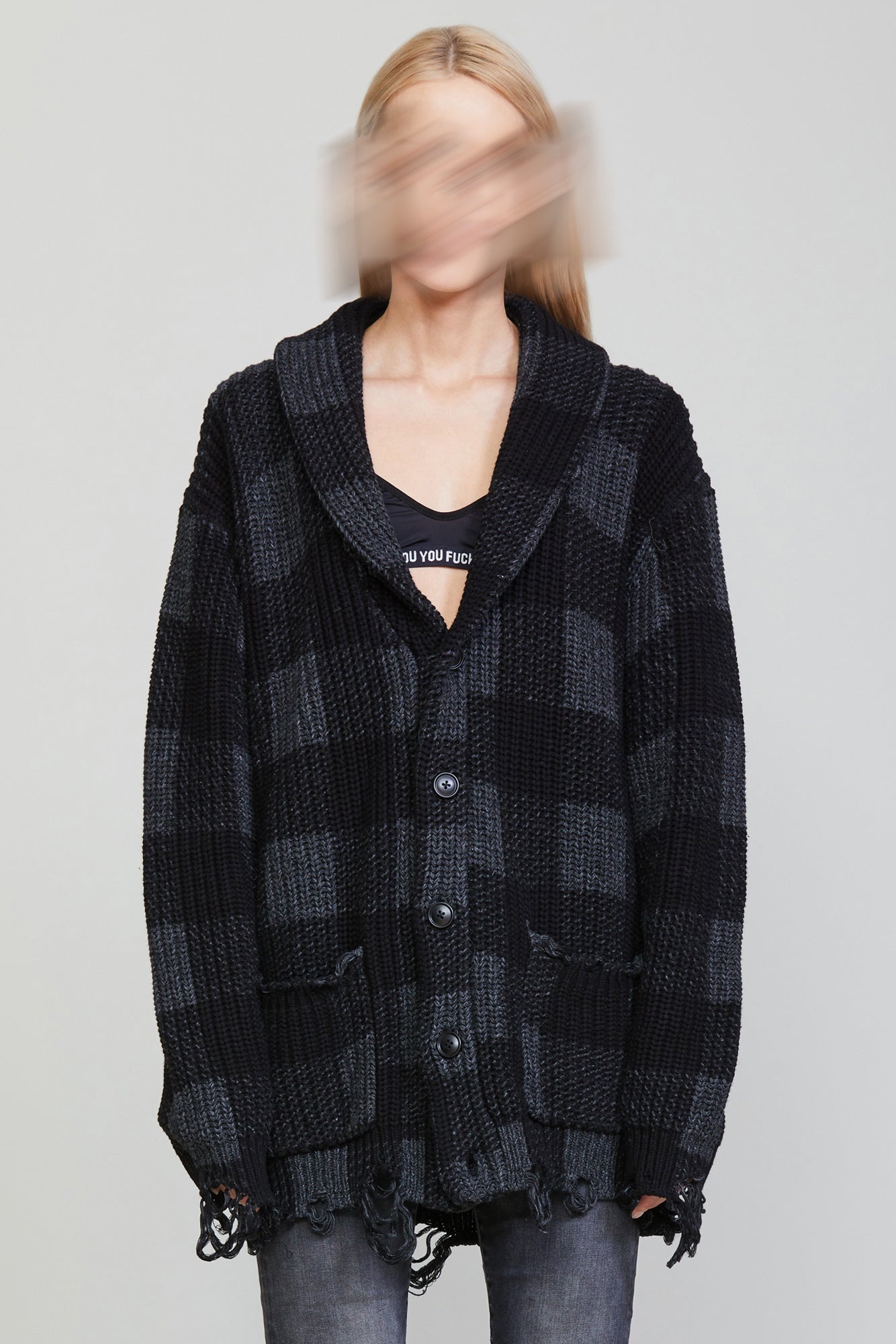 SHAWL LAPEL CARDIGAN - BLACK AND CHARCOAL - 4