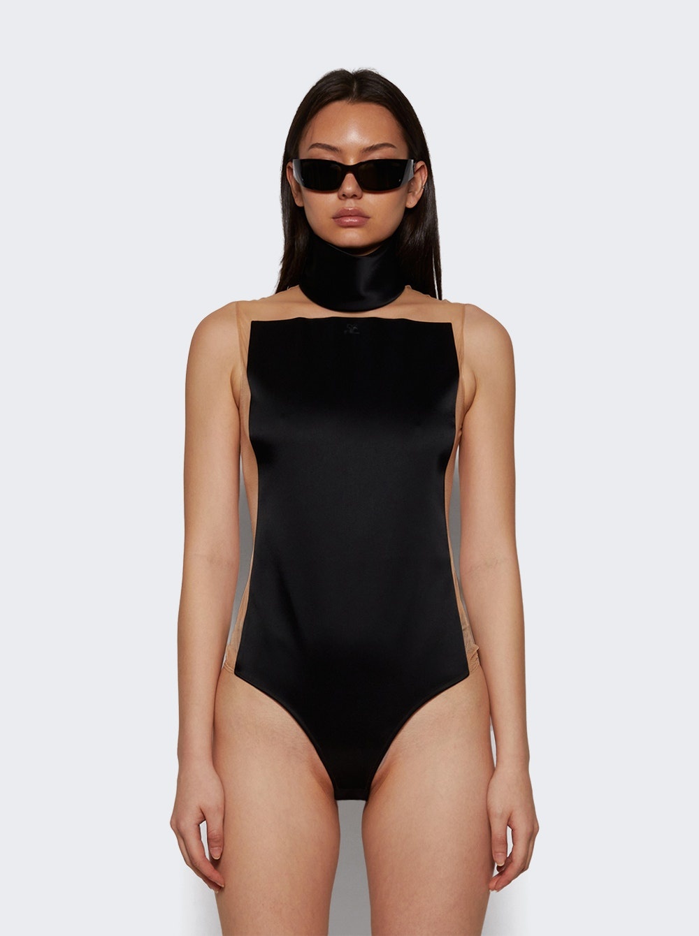 Illusion Mockneck Bodysuit Sand And Black - 2