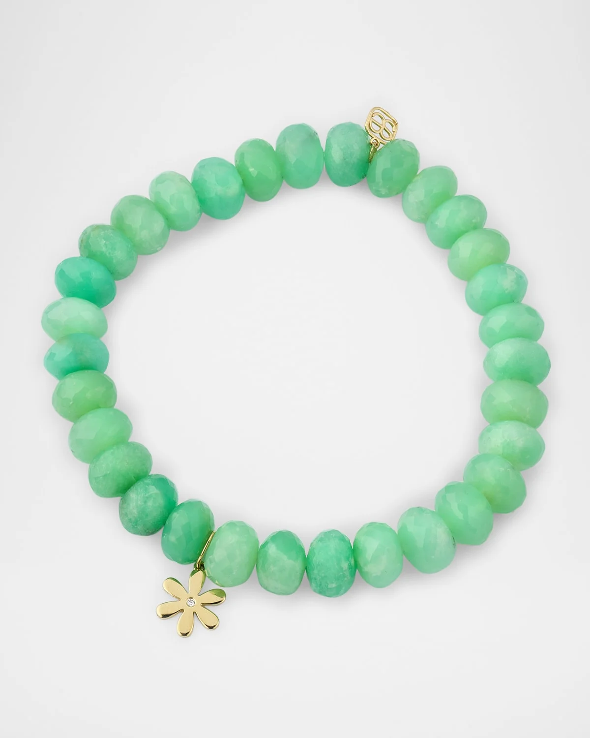 14K Gold Diamond Daisy Charm Chrysoprase Beaded Bracelet - 1