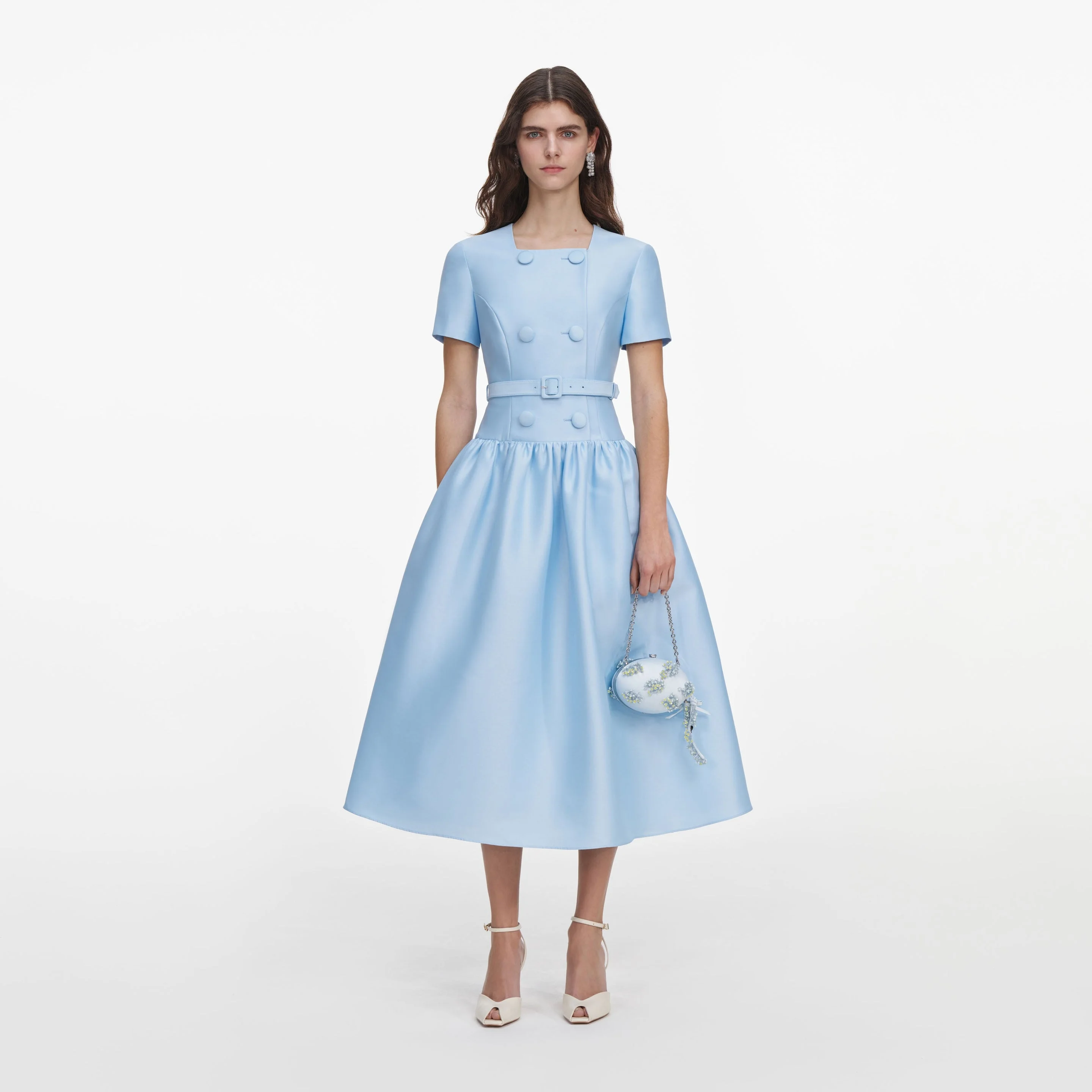 Blue Button Front Taffeta Midi Dress - 1