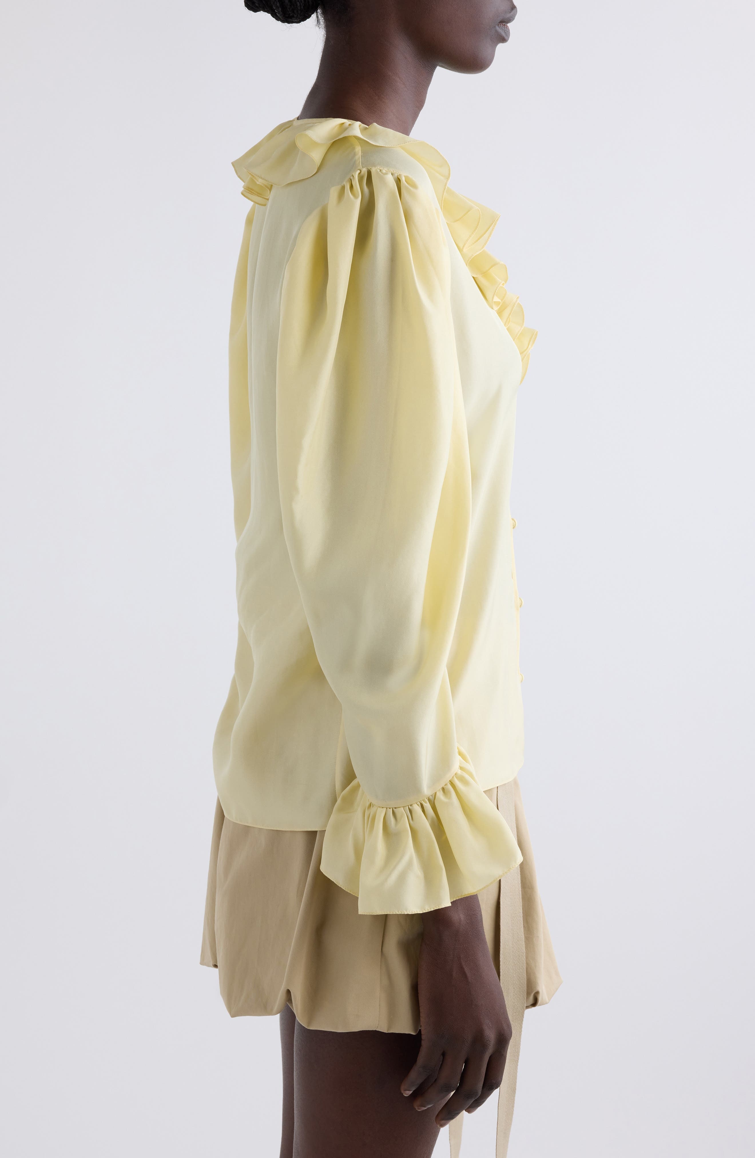 Chloé Ruffle Balloon Sleeve Silk Button-Up Shirt in Powder Yellow at Nordstrom - 3