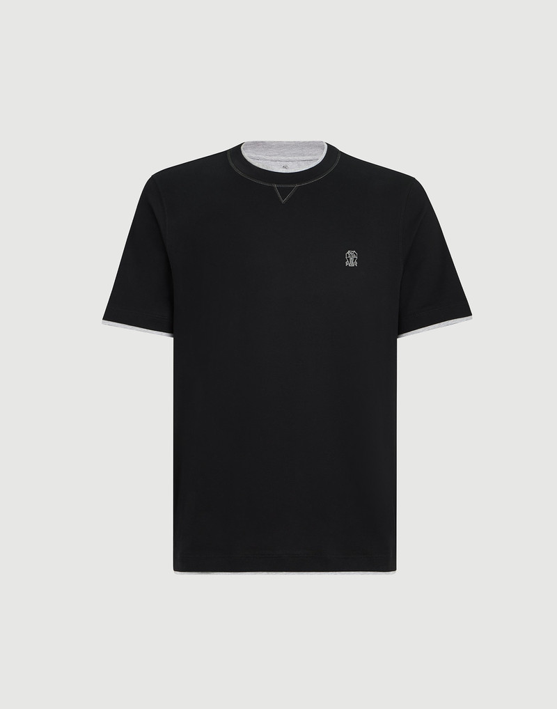 Cotton jersey crew neck T-shirt with logo and faux-layering 1