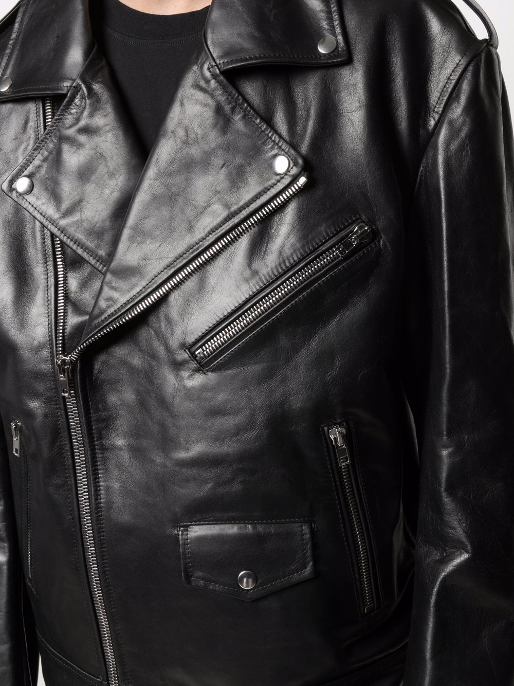 notched-lapels leather biker jacket - 6