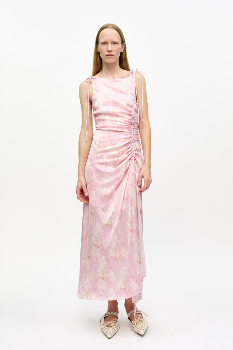GANNI PINK PRINTED SATIN GATHERED DRESS outlook