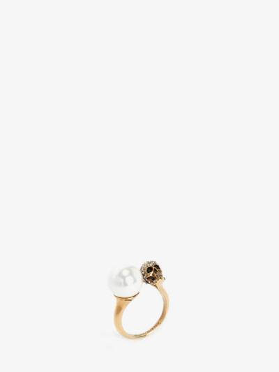 Alexander McQueen Pearl-like Skull Ring in Antique Gold outlook
