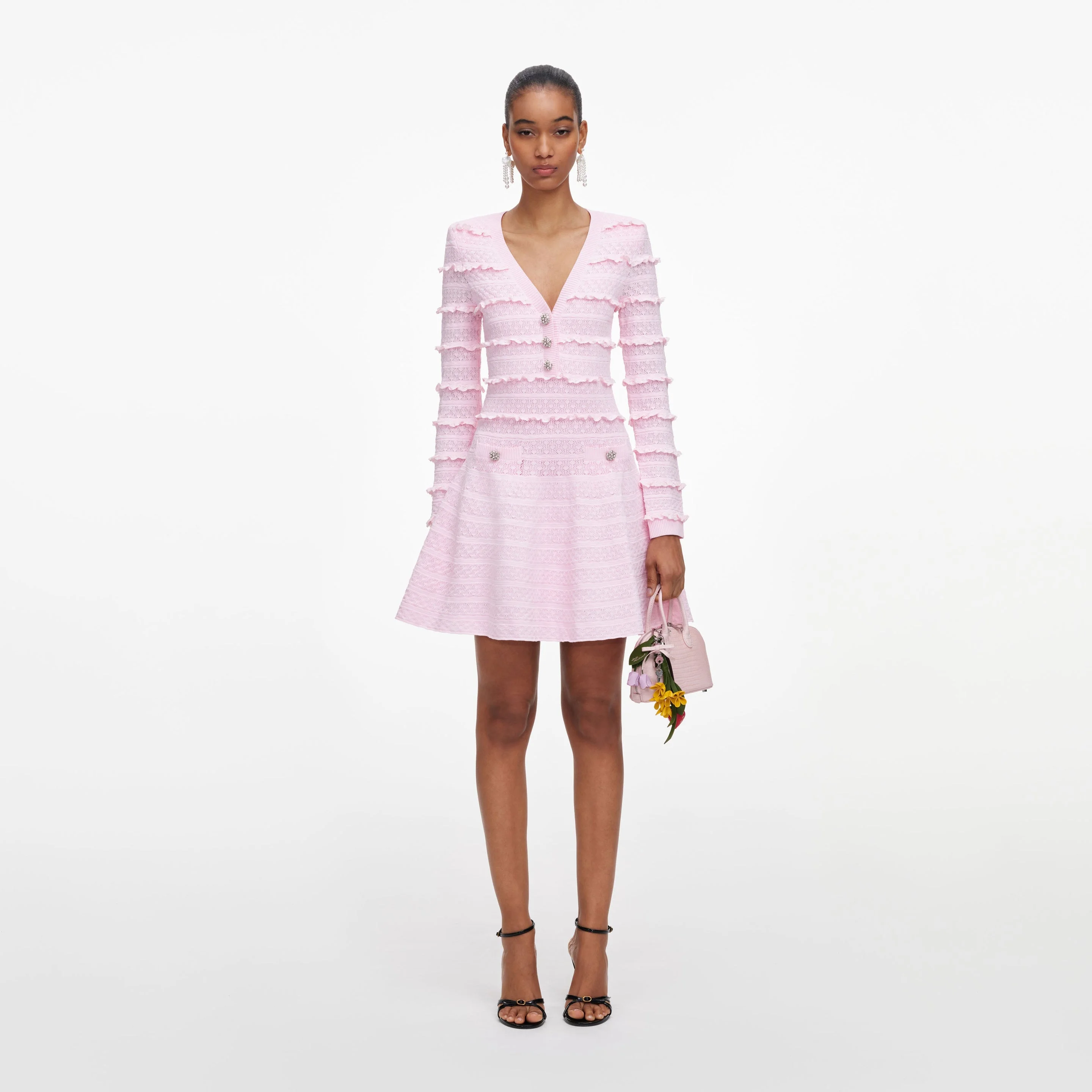 Pink Pointelle Diamante Knit Mini Dress - 1
