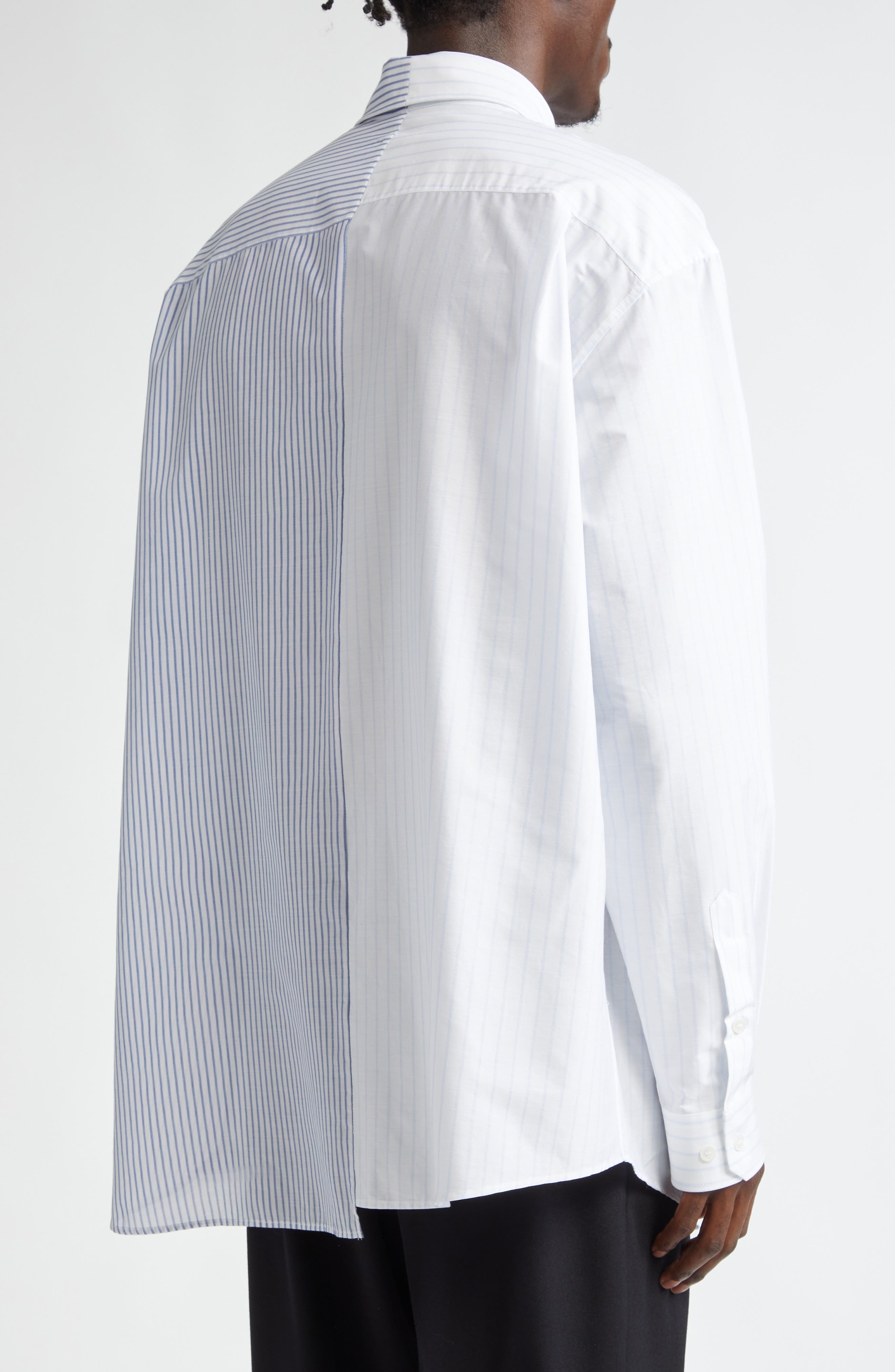 MM6 Maison Margiela Numeric Motif Stripe Asymmetric Cotton Poplin Shirt in Stripes White/beige/blue  - 3