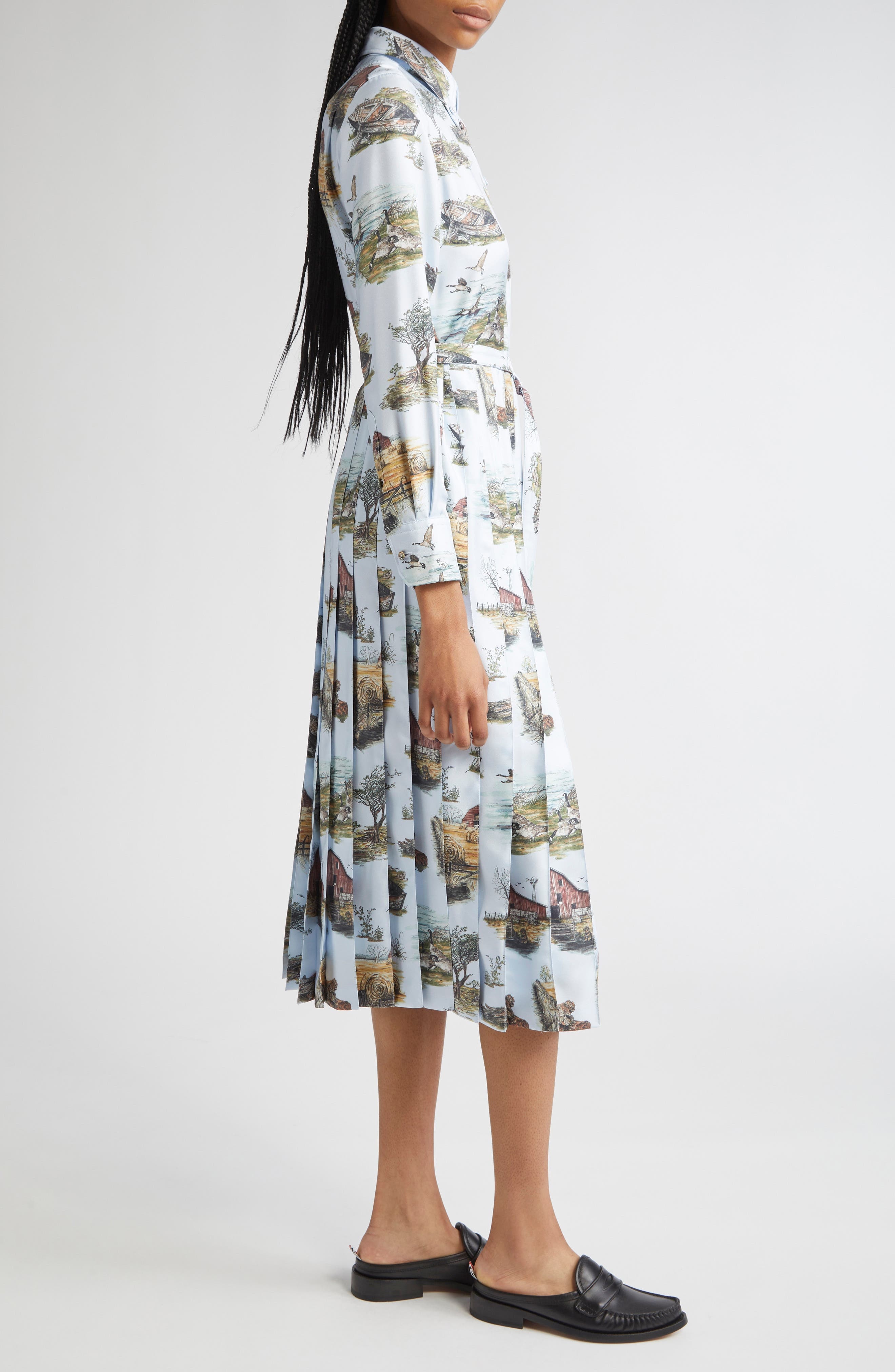 Thom Browne Long Sleeve Pleated Silk Toile Midi Shirtdress in Seasonal Multi at Nordstrom - 3