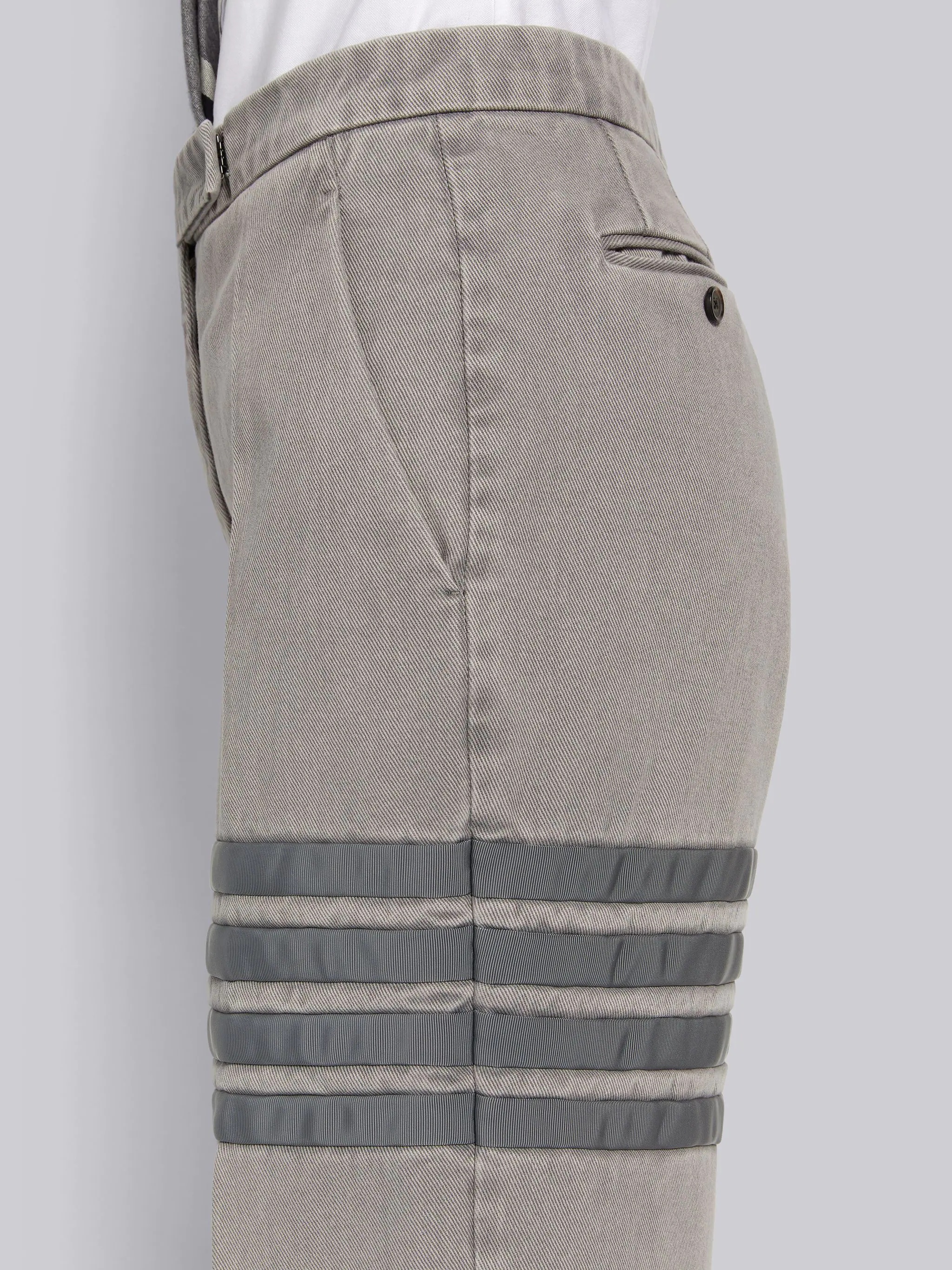Light Grey Heavyweight Garment Dyed Cotton Twill Tonal Grosgrain 4-Bar Sack Trouser - 5