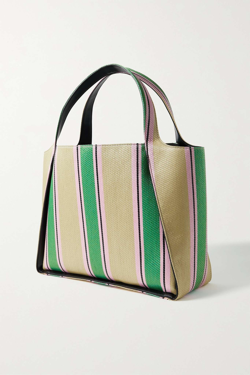 Vegetarian leather-trimmed studded striped raffia tote 3