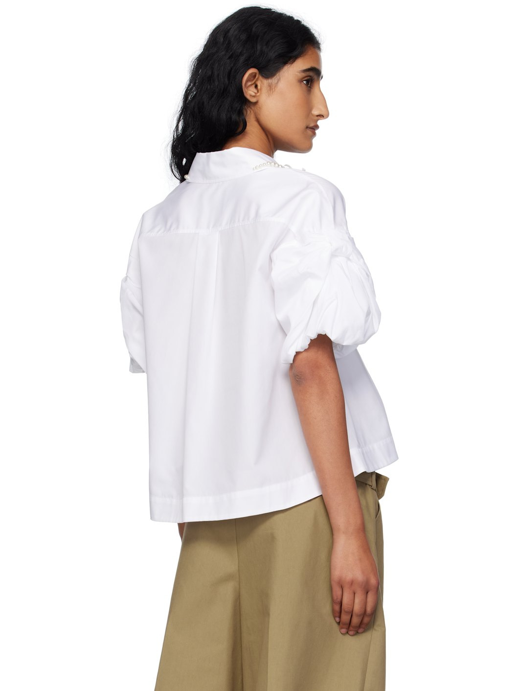 White Cropped Puff Bow Sleeve Shirt - 3