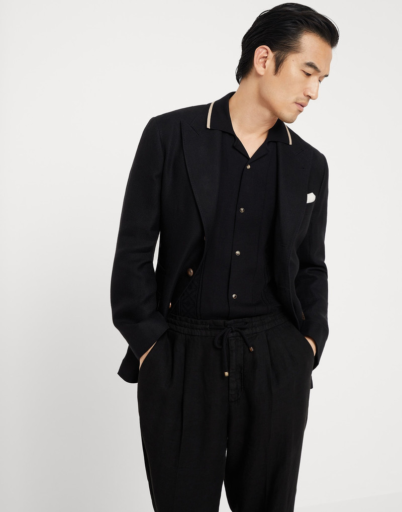 Linen, wool and silk diagonal deconstructed blazer with large peak lapels and metal buttons 4
