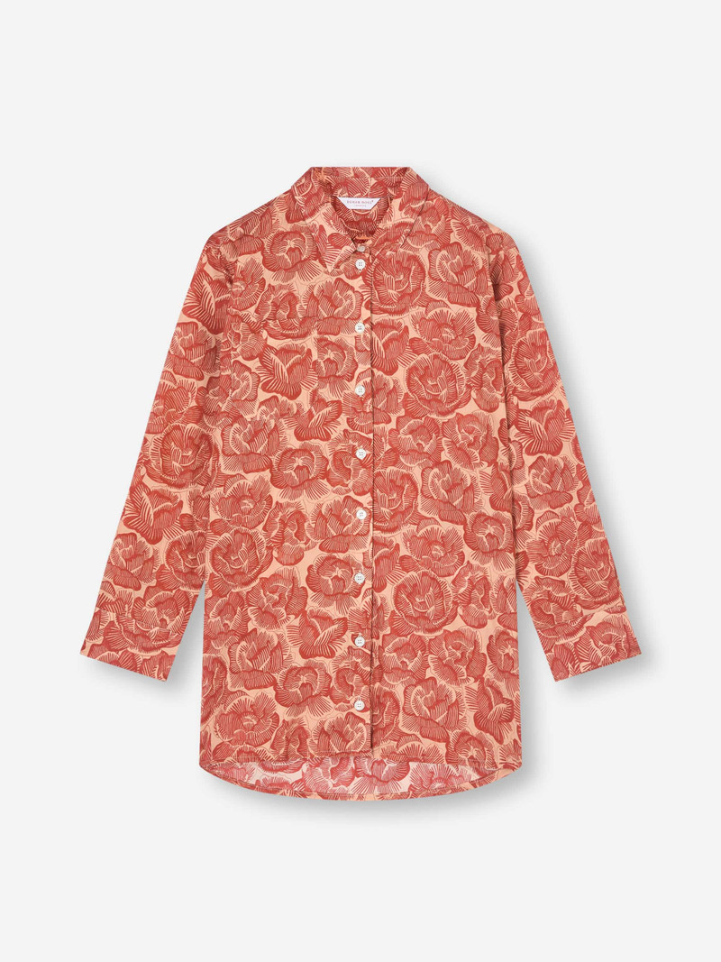 Women's Nightshirt Cotton Batiste Rustic Red & Peach Rose Print - 1