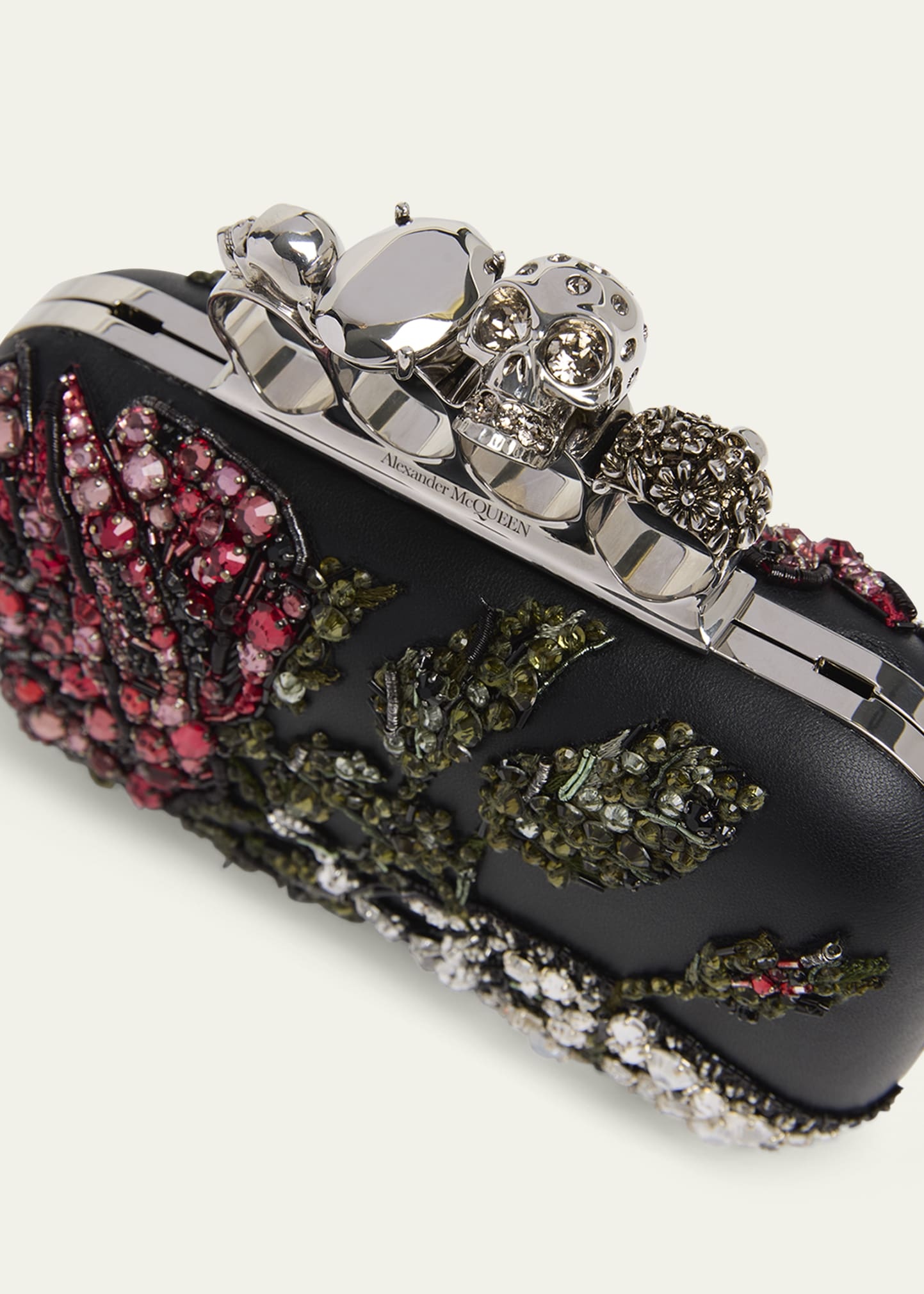 Bead & Crystal Flower Skull Four Ring Clutch Bag - 5