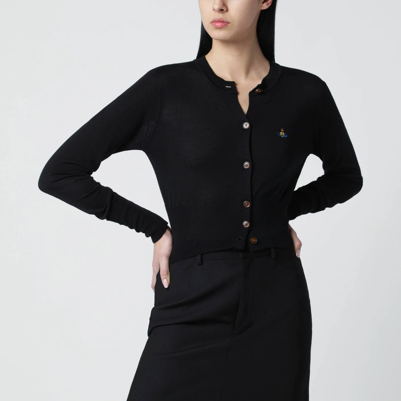 Black cropped wool and silk cardigan - 1