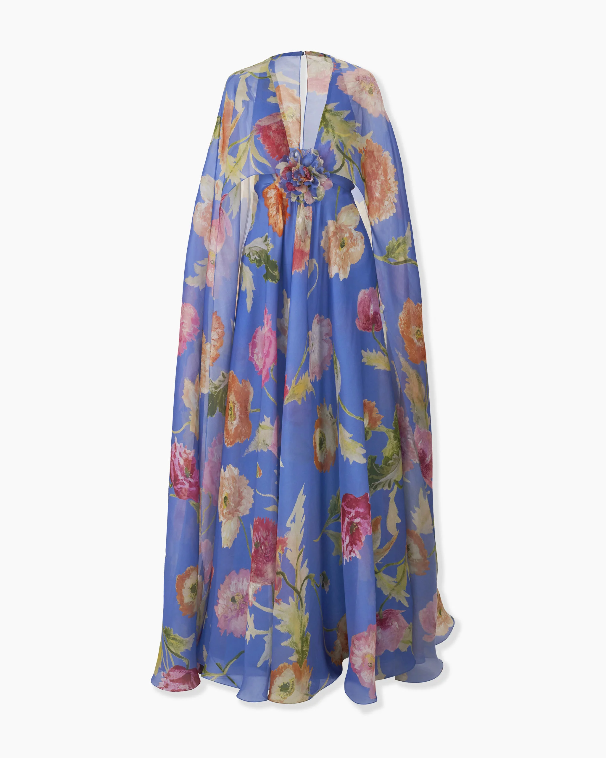 Poppy-Print Organza Gown with Cape - 1
