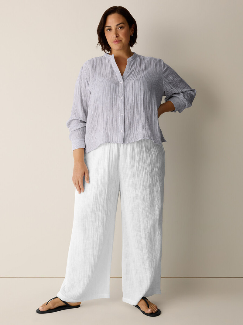 Striped Organic Cotton Gauze Band Collar Shirt 6