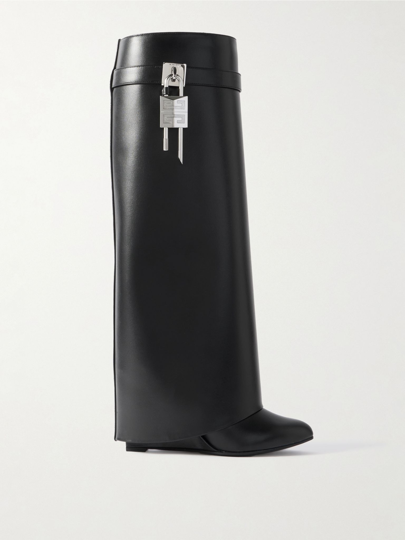 Shark Lock embellished glossed-leather knee boots Black - 1