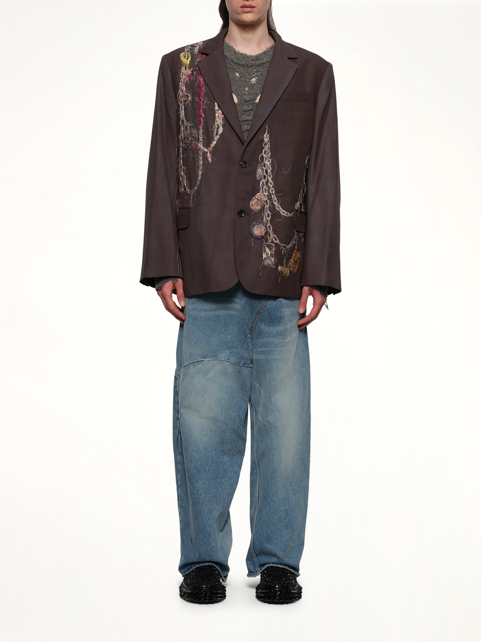 Embroidered Chain Tailored Jacket in Charcoal - 7