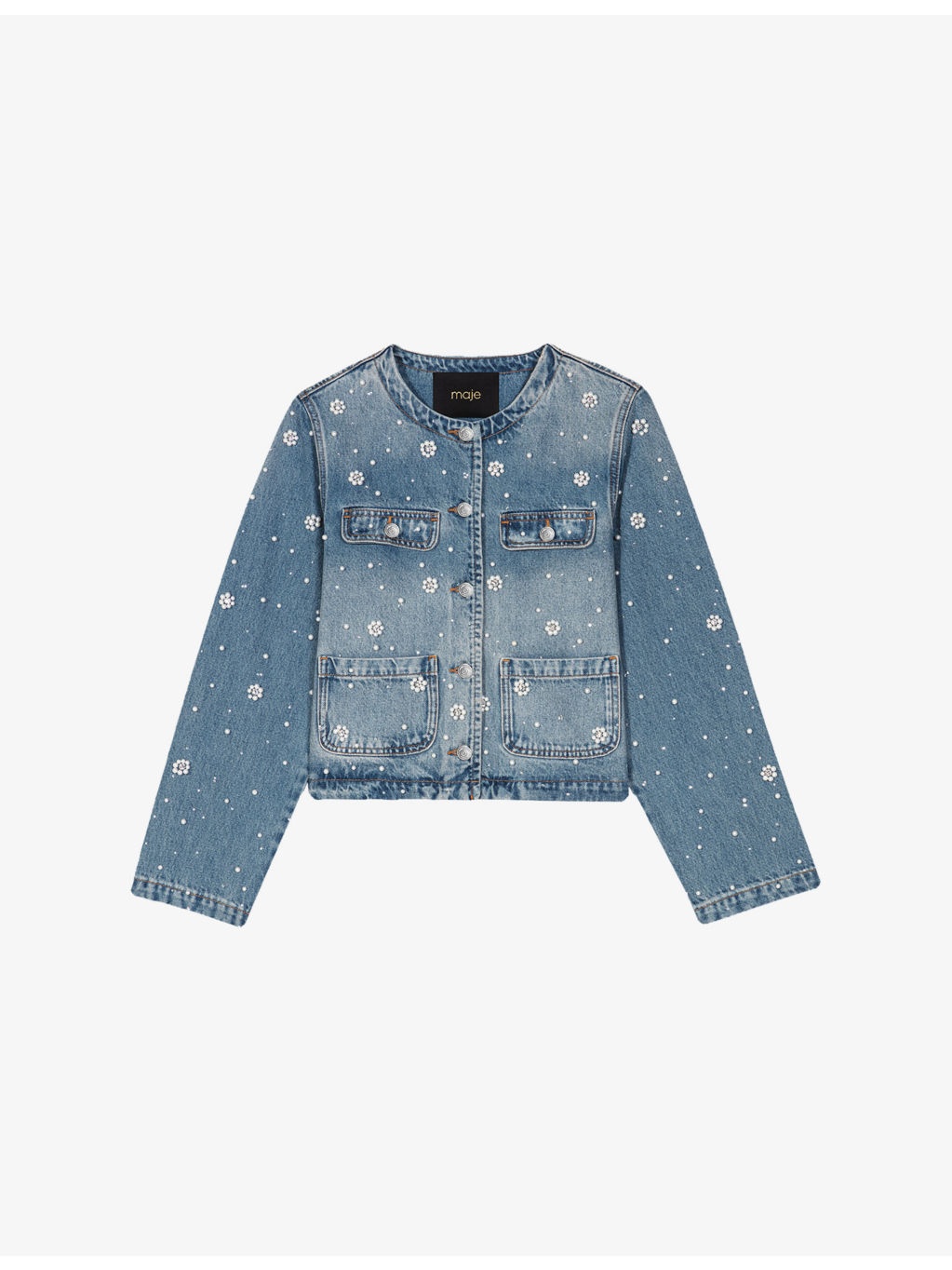 Embellished faded-wash denim jacket - 1