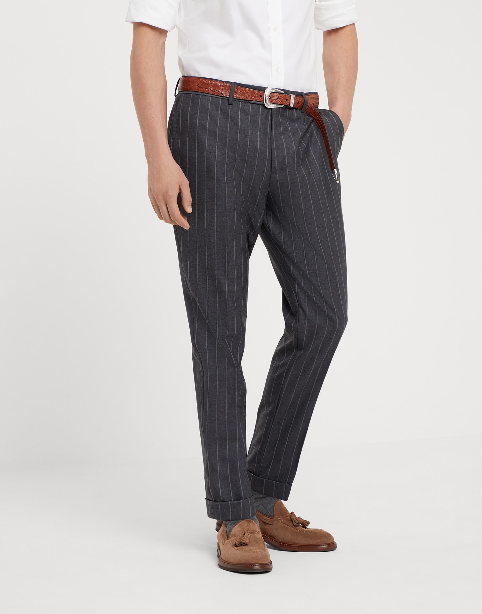 Brunello Cucinelli Super 150s virgin wool wide chalk stripe batavia formal  fit trousers | REVERSIBLE