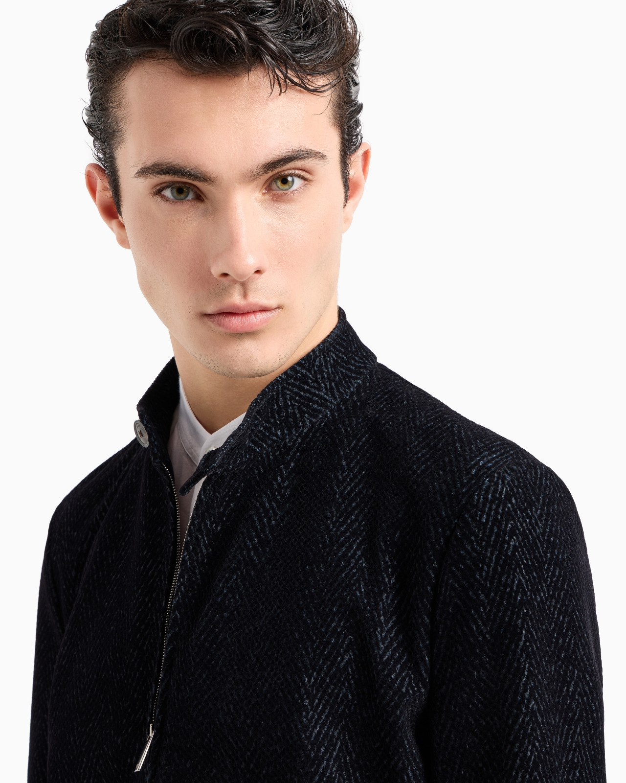Guru-collared, zip-up mesh jacket with all-over chevron flock print - 5
