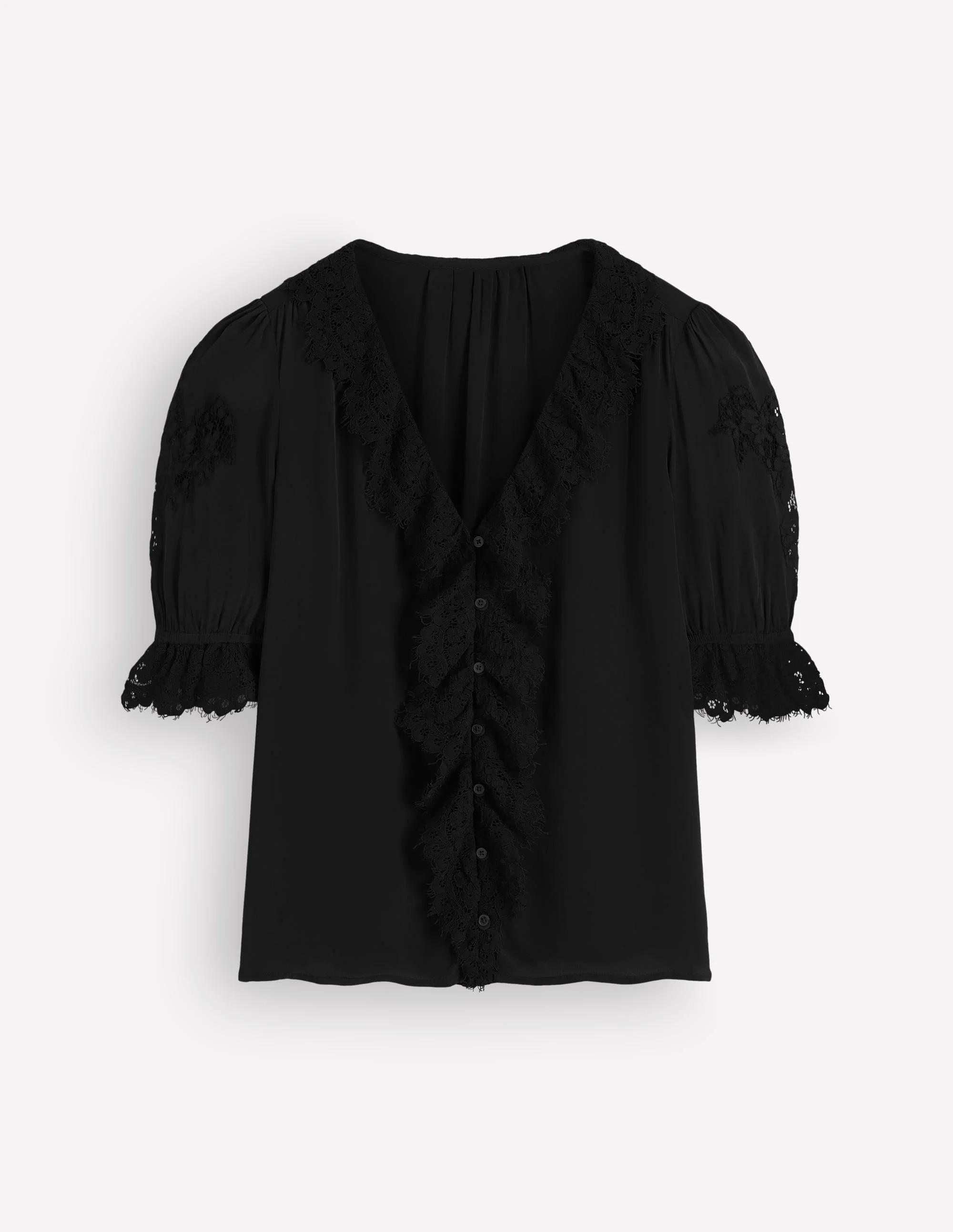 Ruffle V-neck Lace Top-Black - 1