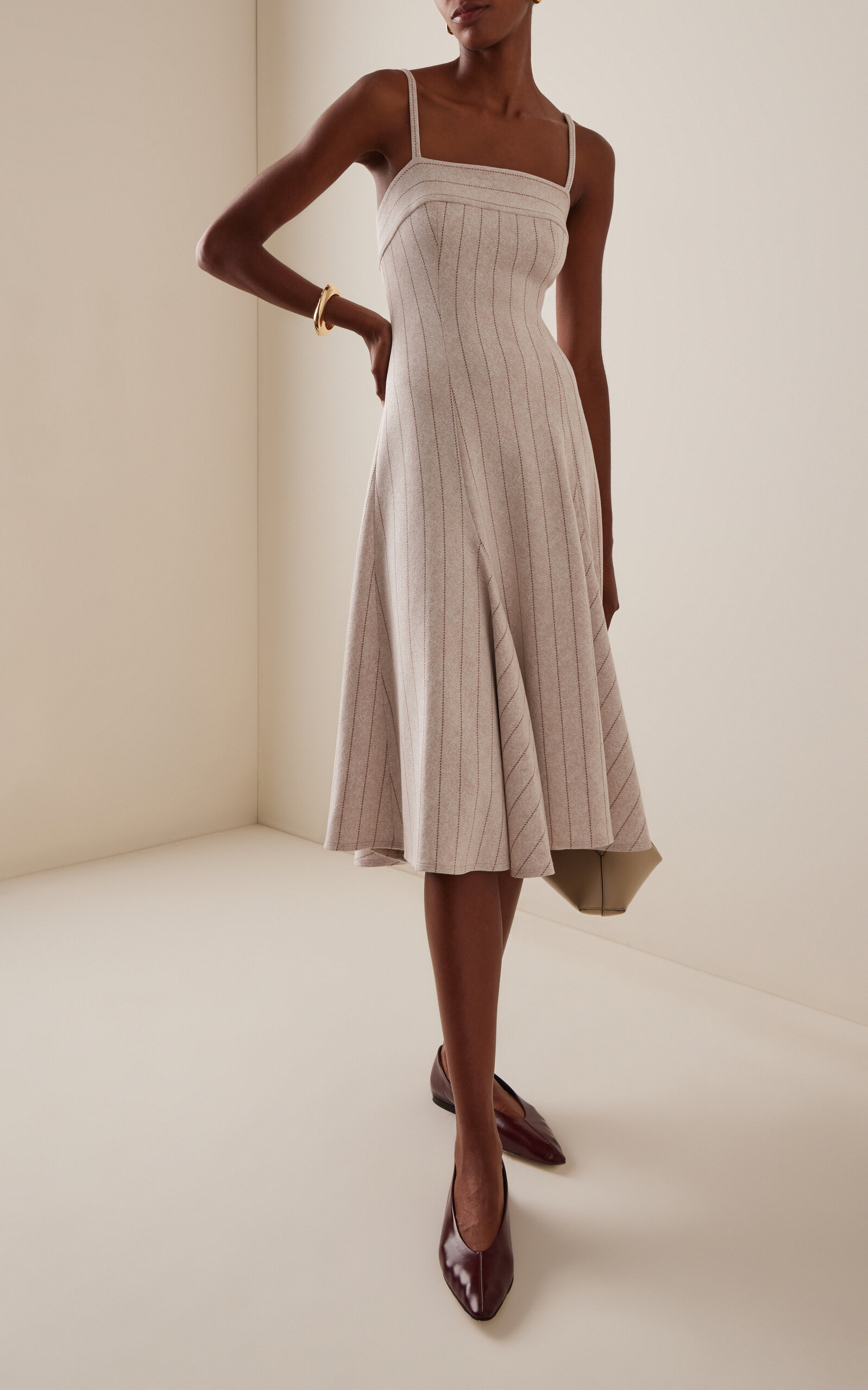 Godet-Detailed Pinstriped Jacquard Dress neutral - 2