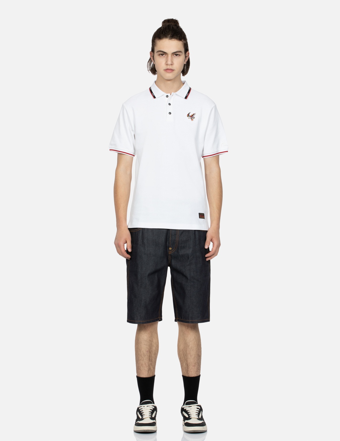 BROCADE SEAGULL AND KAMON APPLIQUÉ DENIM SHORTS - 6